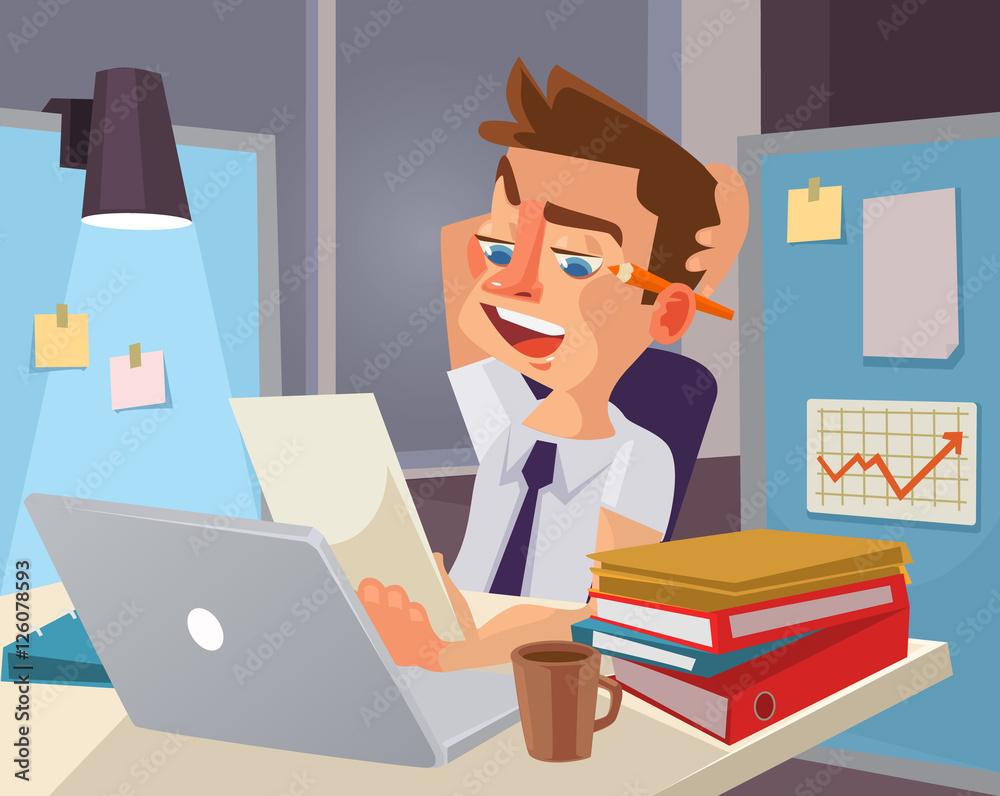 Hard work. Tired office worker character. Vector flat cartoon illustration 