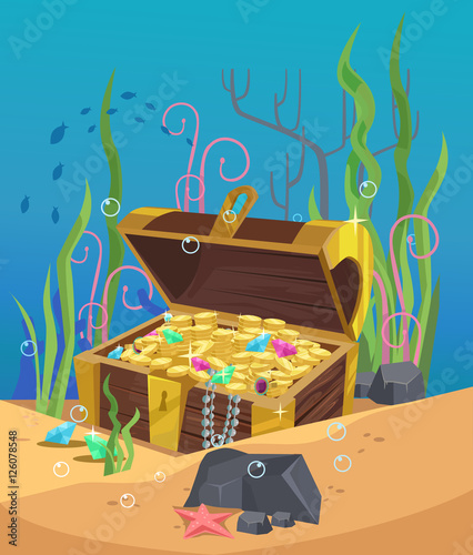 Chest of gold on the ocean bottom. Vector flat cartoon illustration