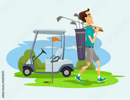 Golfer man character playing golf. Vector flat cartoon illustration