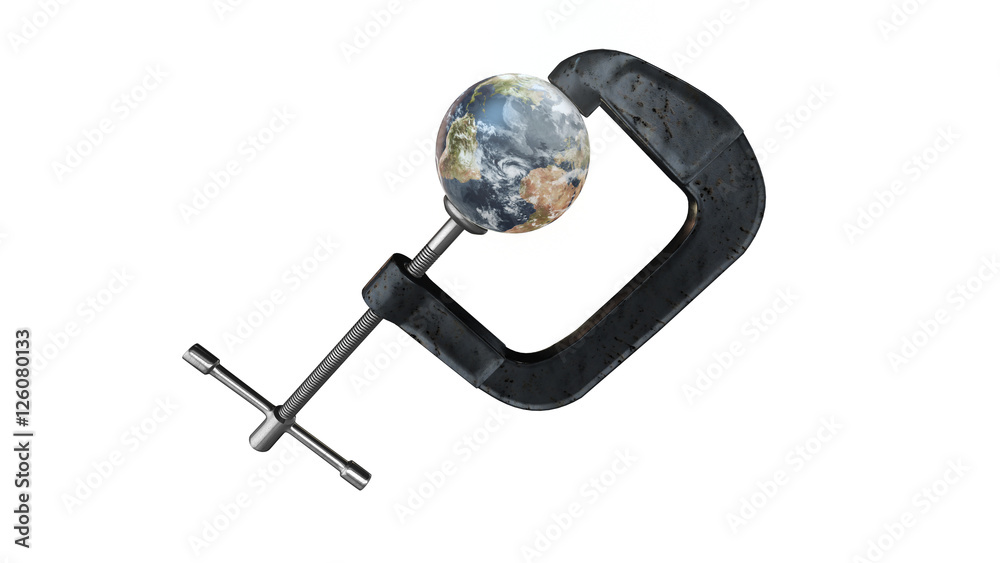 Earth crushed in a vise - 3d illustration isolated on white Earth crushed in a vise - 3d illustration isolated on white