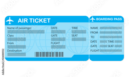 Airplane ticket. Blue boarding pass coupon isolated on white background. Detailed blank of plane ticket. Vector illustration. 