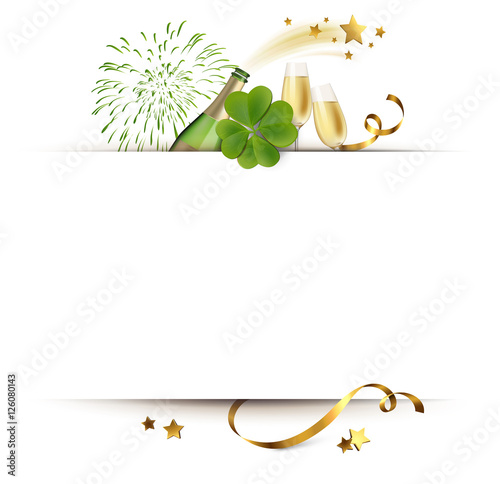 Silvester Grußkarte mit Neujahrsmotiven - Feuerwerk, Sektflasche, Kleeblatt, Sektgläser und Sterne