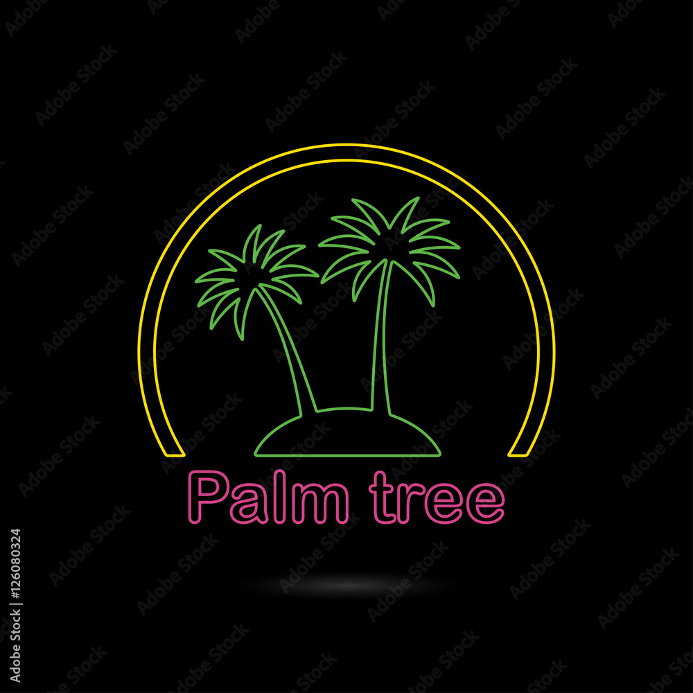 Naklejka premium Palm tree icon or sign. Outline symbol of two neon glow palm trees silhouette on the island. Colorful vector illustration.