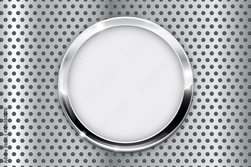 White round button with chrome frame on metal perforated background White round button with chrome frame on metal perforated background