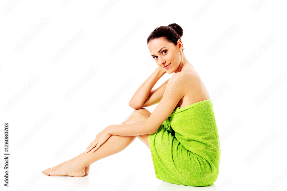 Young beautiful woman after bath full portrait isolated over white. Young beautiful woman after bath full portrait isolated over white.