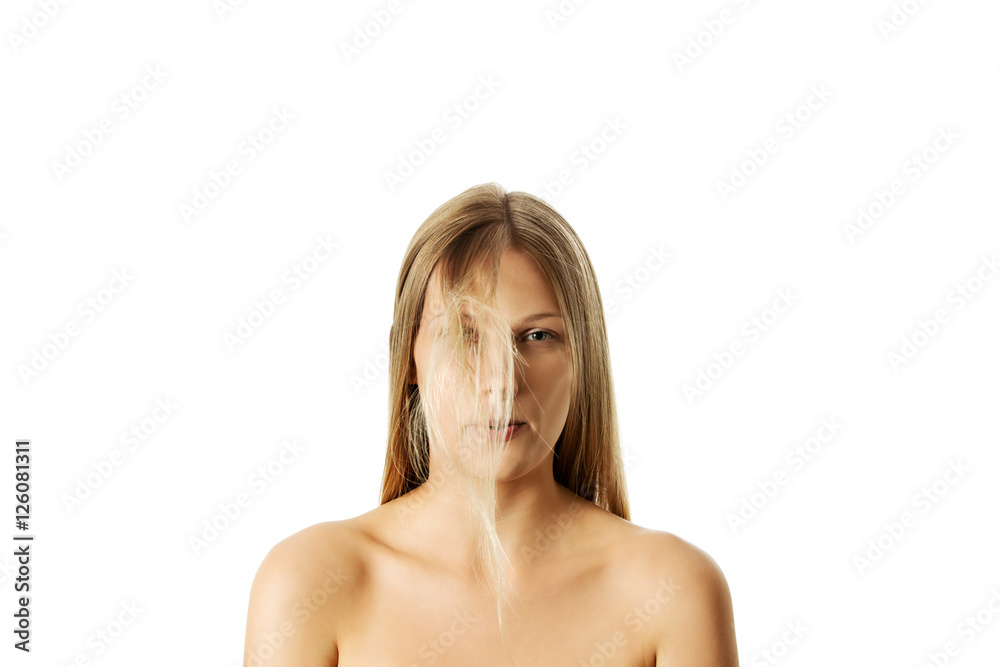 Fototapeta premium Girl with long blond human hair.