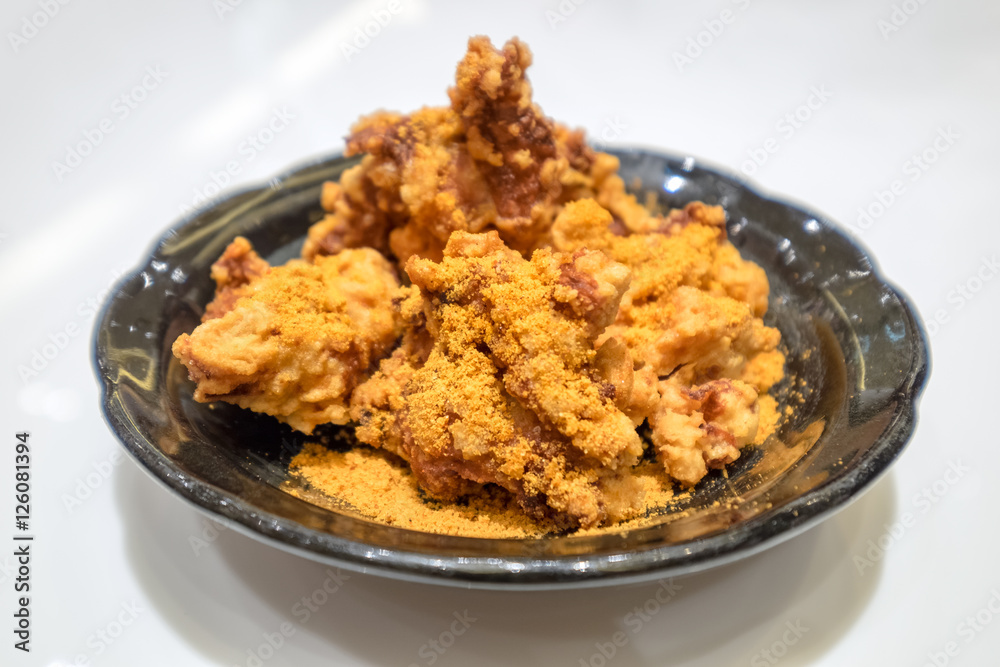 Fried chicken karaage crispy on black dish Fried chicken karaage crispy on black dish