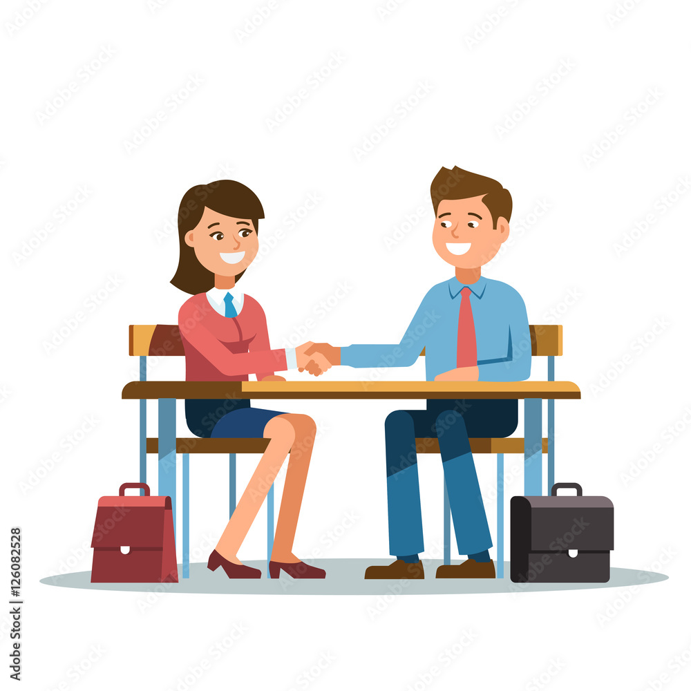 The meeting of two businessmen and businesswoman business handshake. A young man and woman in a business suit holds out his hand in greeting to the partner sitting at the office desk . The meeting of two businessmen and businesswoman business handshake. A young man and woman in a business suit holds out his hand in greeting to the partner sitting at the office desk .
