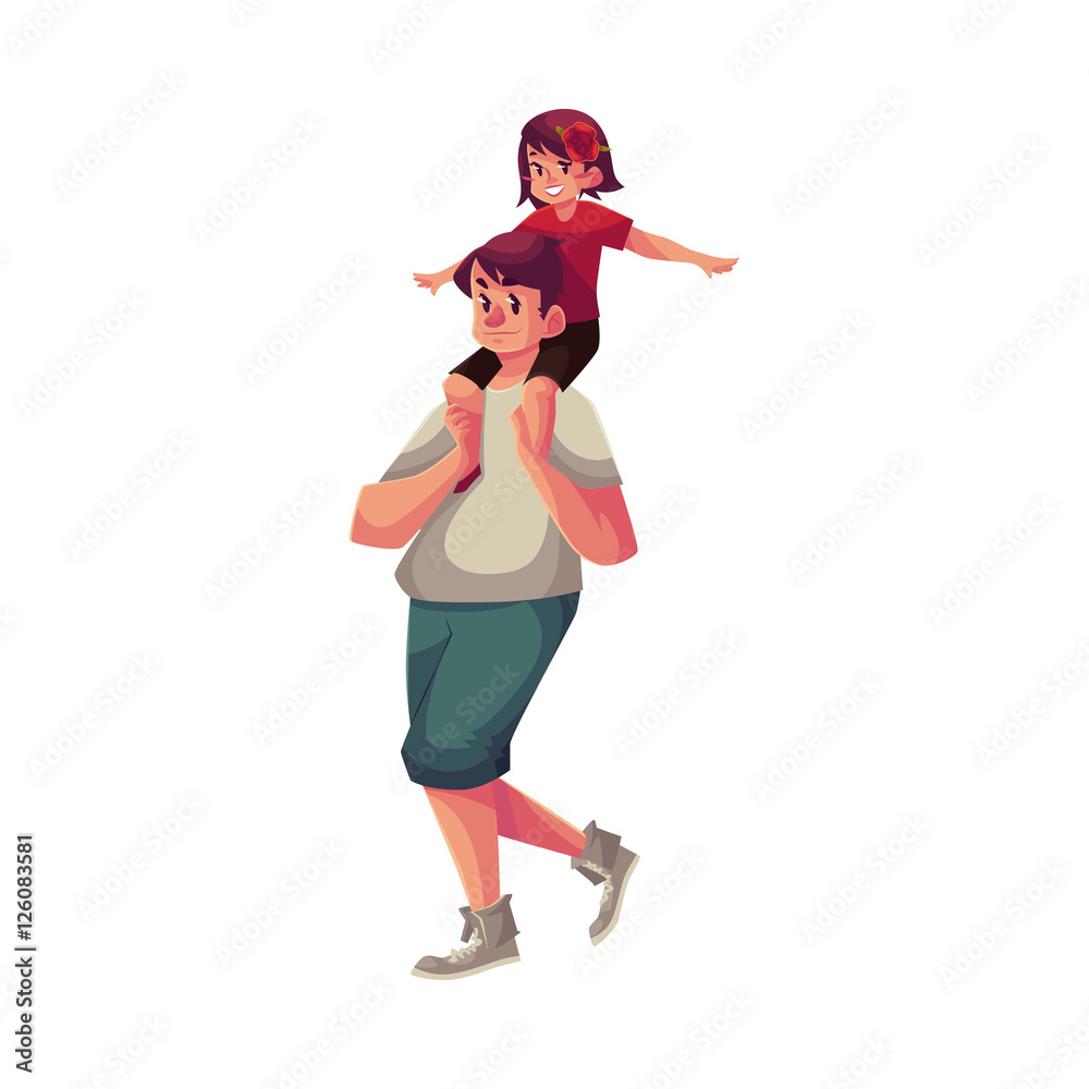 Little girl sitting on his father shoulders and pretending a plane, cartoon vector illustrations isolated on white background. Dad carrying his little daughter on his shoulders, happy family concept