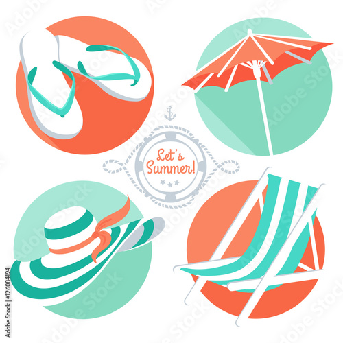 Vector Illustration Summer icons  flip floppers  hat  beach umbrella and chair