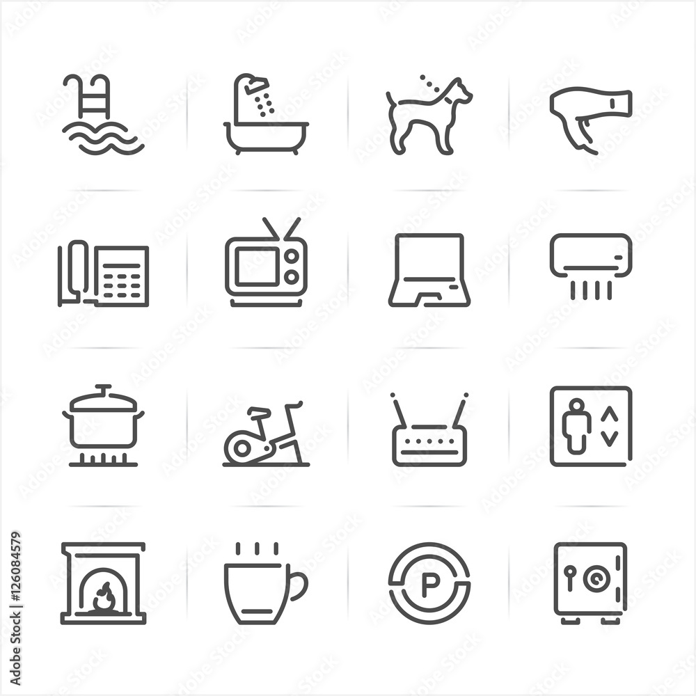 Hotel and Hotel Amenities Services icons with White Background