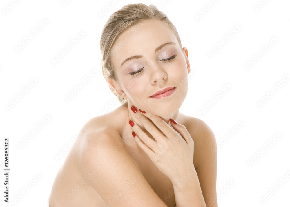 on white background natural beauty girl with well-groomed skin c