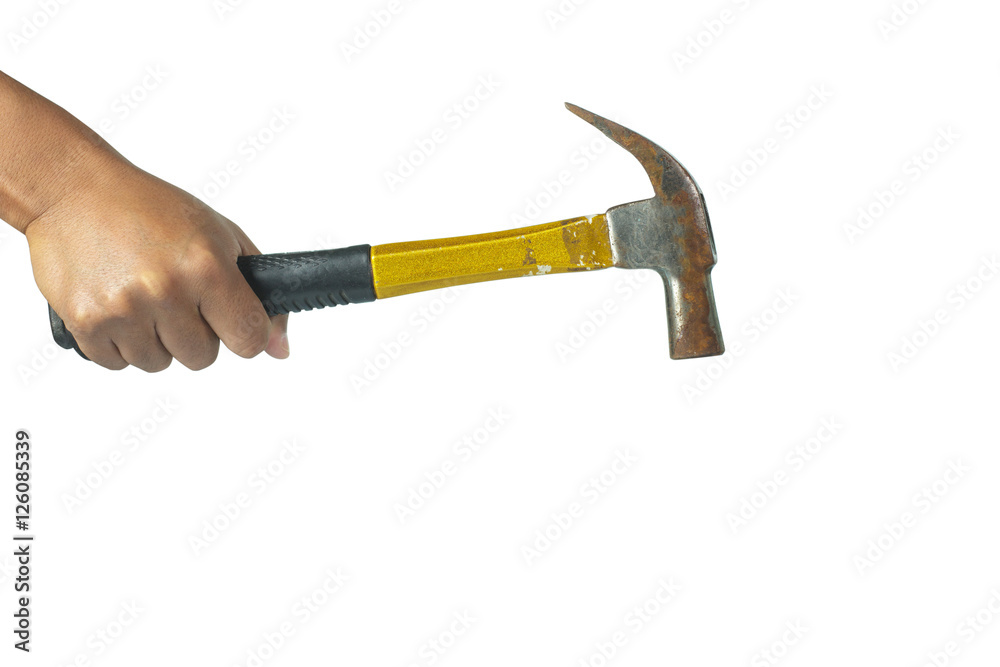 Cropped image of hand holding a hammer on white background Cropped image of hand holding a hammer on white background