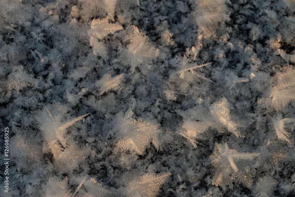 a picture of frost on a frozen lake, snow crystals, ice crystals