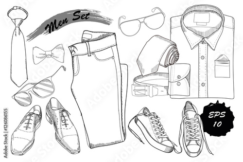 Hand drawn, doodle coordination folded shirt, tie, trouses, shoe