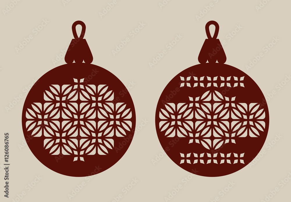 Christmas balls with lace pattern. Template for greeting card, banner, invitation, for New Years design party or interiors. Picture perfect for laser cutting, plotter cutting or printing Christmas balls with lace pattern. Template for greeting card, banner, invitation, for New Years design party or interiors. Picture perfect for laser cutting, plotter cutting or printing