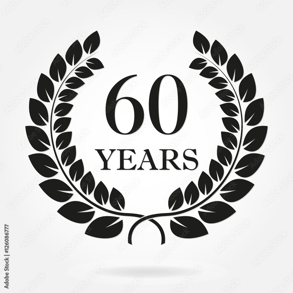 60 years anniversary laurel wreath sign or emblem. Template for celebration and congratulation design. Vector 60th anniversary label isolated on white background.