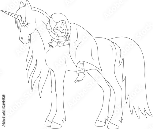 Obraz na plátně little girl sleeping on a unicorn, coloring page