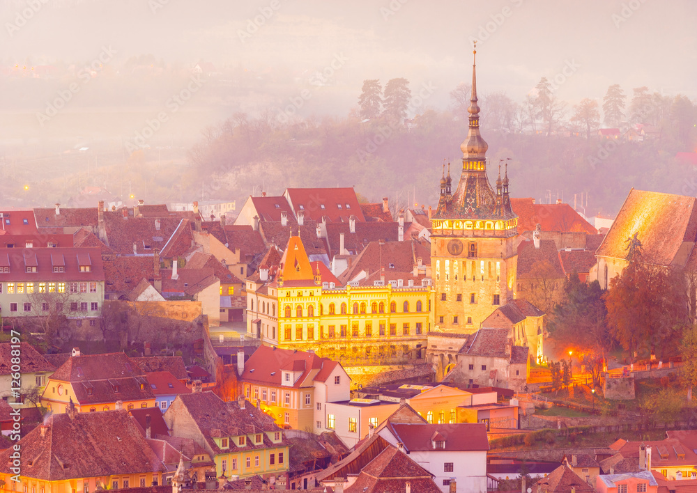 The Clock Tower in the medieval city of Sighisoara, Transylvania landmark, Romania