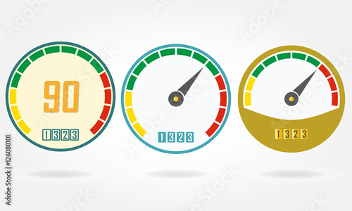 Speedometer or gauge icons set isolated on white background. Infographic and car instrument design elements. Colorful vector illustration.