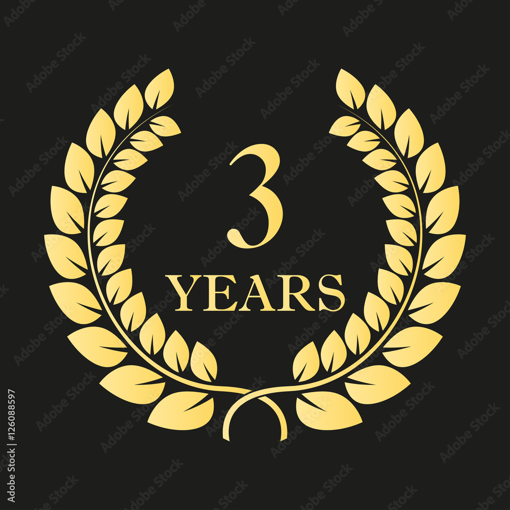 3rd years anniversary laurel wreath sign or emblem. Template for celebration and congratulation design. Vector third anniversary golden label. Vector illustration. 3rd years anniversary laurel wreath sign or emblem. Template for celebration and congratulation design. Vector third anniversary golden label. Vector illustration.
