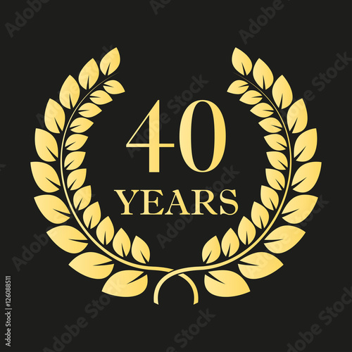 40 years anniversary laurel wreath icon or sign. Template for celebration and congratulation design. 40th anniversary golden label. Vector illustration.