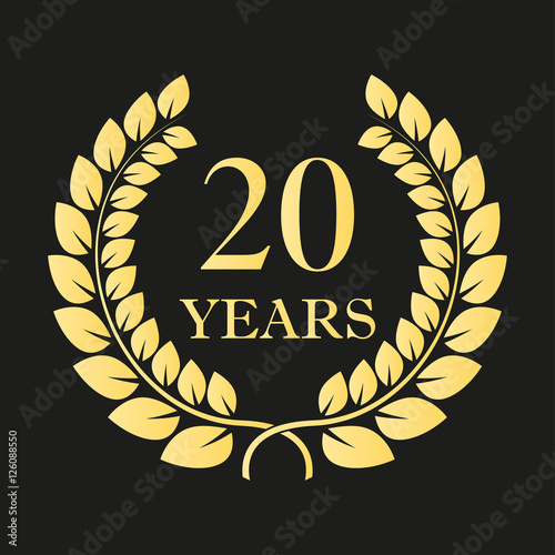20 years anniversary laurel wreath icon or sign. Template for celebration and congratulation design. 20th anniversary golden label. Vector illustration.