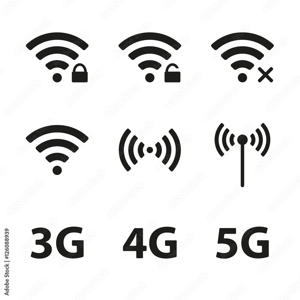Wifi and wireless icon set for remote internet access isolated on white background. Podcast vector symbols. 3G, 4G and 5G technology signs. Vector illustration.
