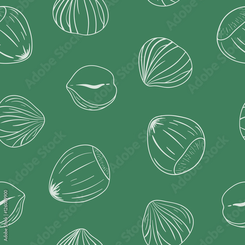 Seamless pattern with shelled and whole hazelnuts. Outlines on green background. Hand drawn vector seamless pattern, eps10. For backgrounds, packaging, ads, interiors, labels and other designs.