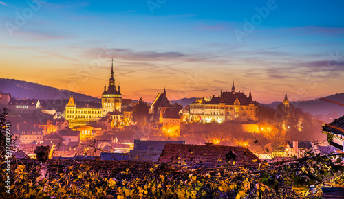 Panoramic view over the medieval fortress Sighisoara city, Transylvania, Romania