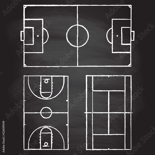Football or soccer, tennis and basketball fields isolated on blackboard texture with chalk rubbed background. Realistic blackboard for tactic plan. Vector illustration.
