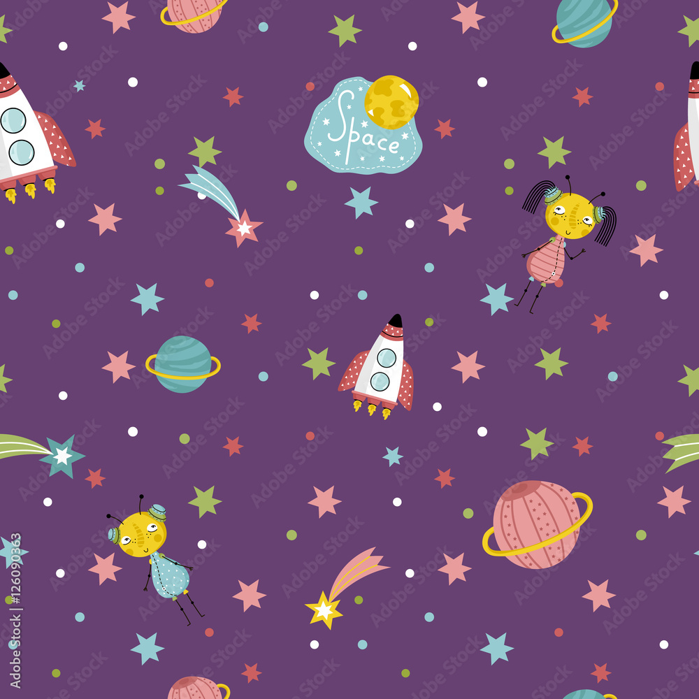 Space interstellar travels cartoon seamless pattern. Flying spaceship, cute alien girls with pigtails, colorful stars, comets, Saturn and earth planets vector illustrations on dark violet background