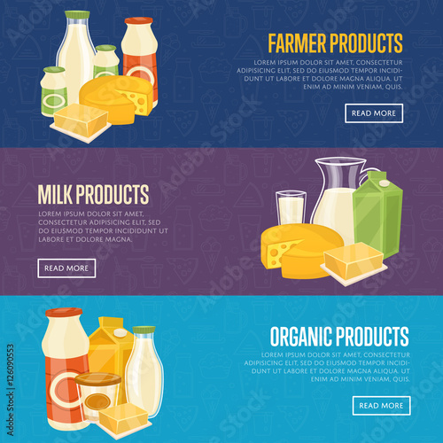 Farmer, milk and organic products horizontal website templates with different dairy composition isolated on color background, vector illustration. Nutritious and healthy products. Natural healthy food