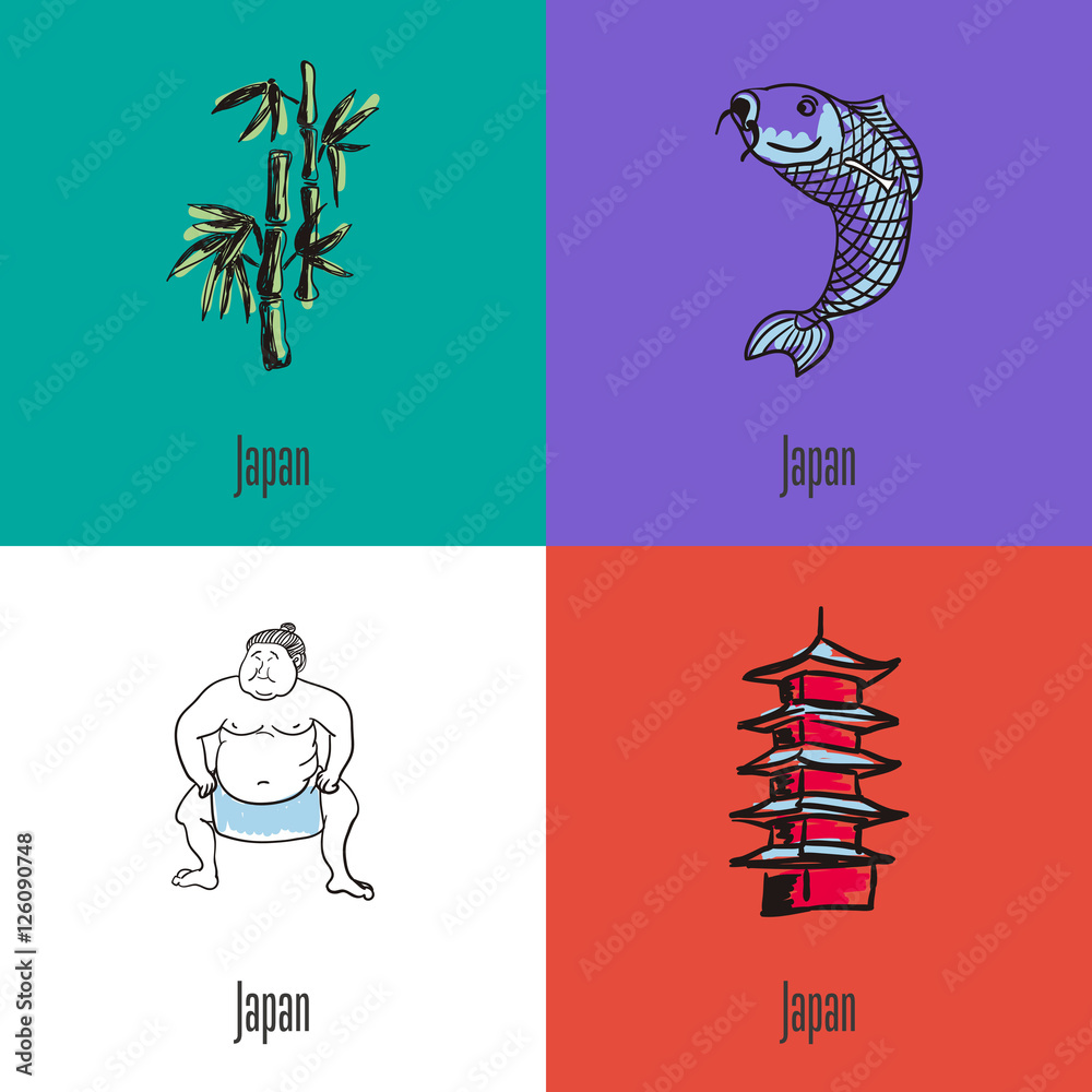 Japanese national symbols. Bamboo branch, koi fish, sumo wrestler, pagoda  tower colored hand drawn doodle vector icons collection with caption.  Country concept for travel company ad, web design Stock Vector | Adobe