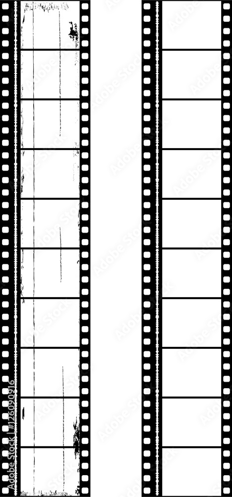 two film strips of motion picture frames, one grungy,one clean, 