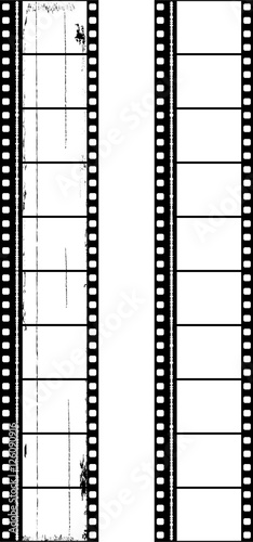 two film strips of motion picture frames, one grungy,one clean, 