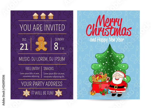 Invitation on Christmas party with date and time. Cheerful Santa near sack of gifts, christmas tree, gingerbread cookies cartoon vectors. Merry Christmas and happy New Year greetings. Xmas celebrating