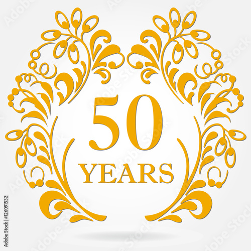 50 years anniversary icon in ornate frame with floral elements. Template for celebration and congratulation design. 50th anniversary golden label. Vector illustration.