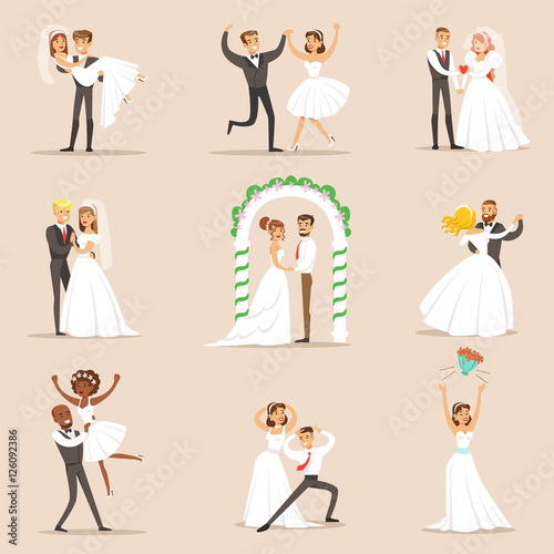 Newlyweds Posing And Dancing On The Wedding Party Set Of Scenes