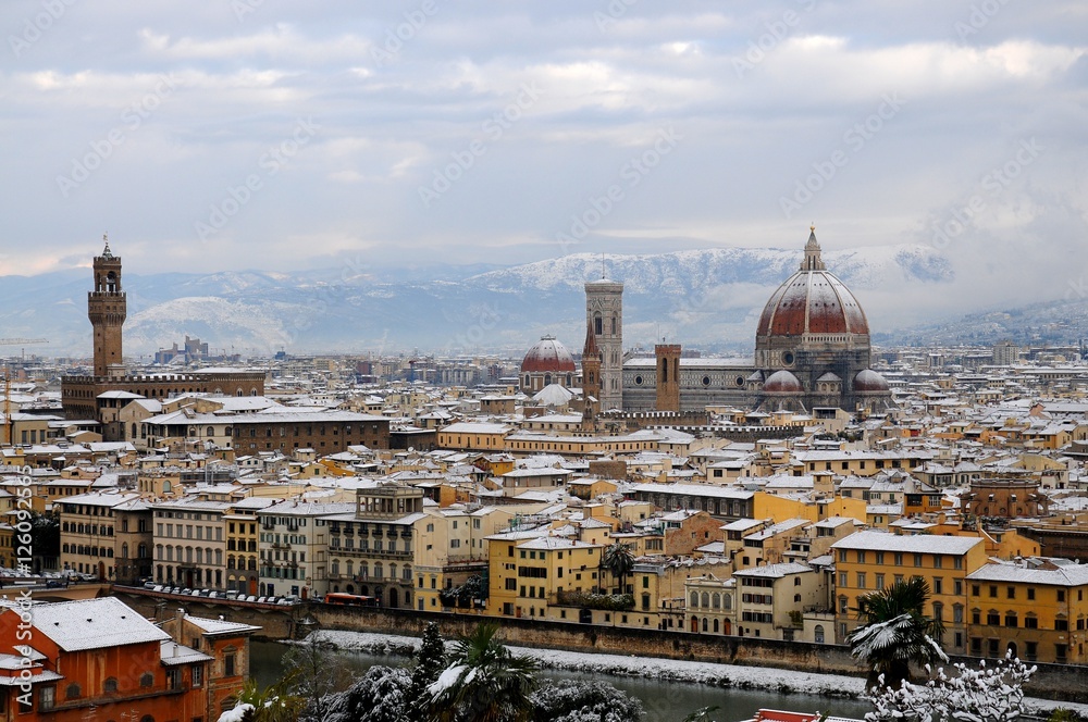 Cathedral Santa Maria del Fiore (Duomo) and Giottos Bell Tower (Campanile), in winter with snow Florence, Tuscany, Italy