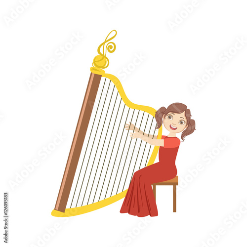 Girl In Red Dress Playing Harp