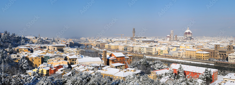 Cathedral Santa Maria del Fiore (Duomo) and Giottos Bell Tower (Campanile), in winter with snow, Florence, Tuscany, Italy. View from Piazzale Michelangelo.