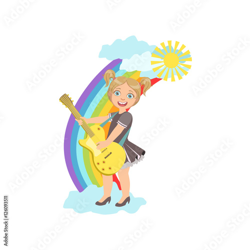 Girl Playing Electric Guitar With Rainbow And Clouds Decoration