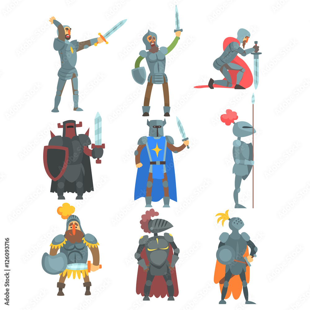 Knights In Full Armor Set Of Flat Illustrations Knights In Full Armor Set Of Flat Illustrations