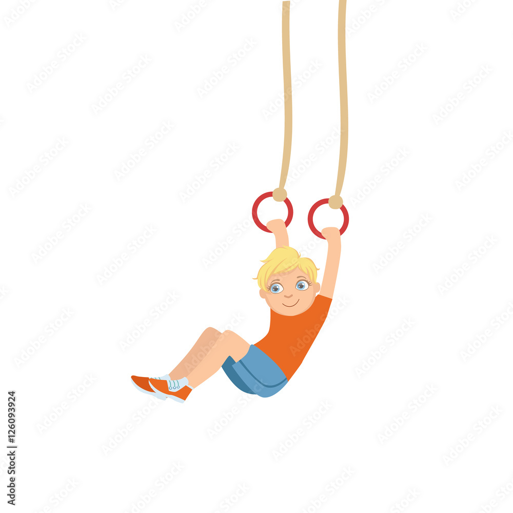 Fototapeta premium Boy Doing Gymnastics On Two Rings Hanging On Ropes