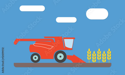Combine harvester icon in the field of wheat ears. Flat vector illustration. Agriculture concept.
