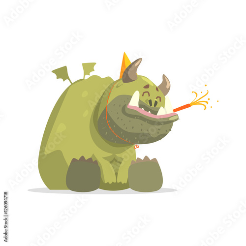 Giant Green Monster In Party Hat Sitting
