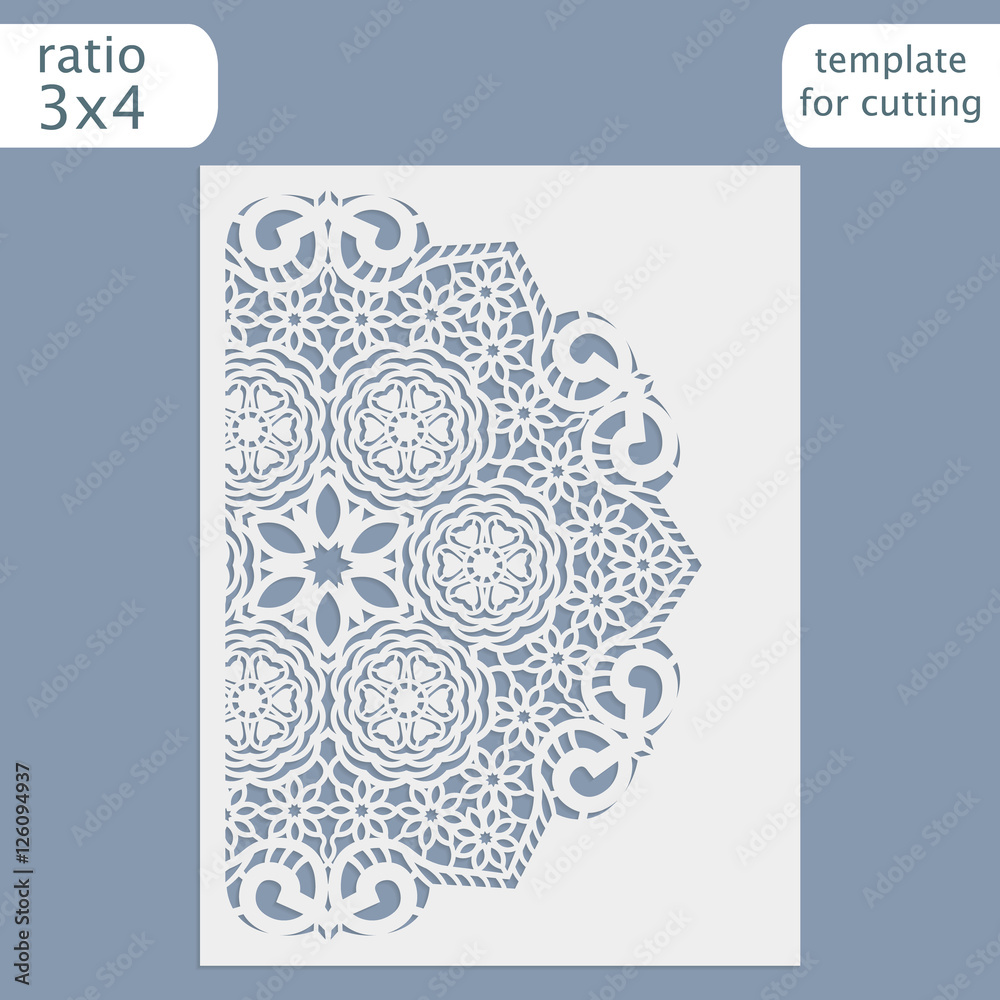Laser cut wedding invitation card template.  Cut out the paper card with lace pattern.  Greeting card template for cutting plotter. Congratulation to Christmas or New Year. Vector.
