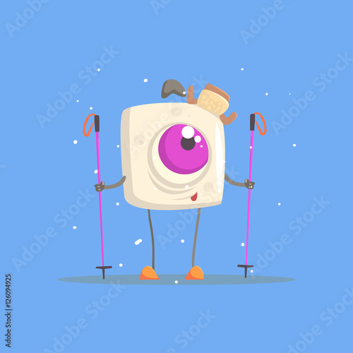 One-eyed Square White Monster On Skis In Winter