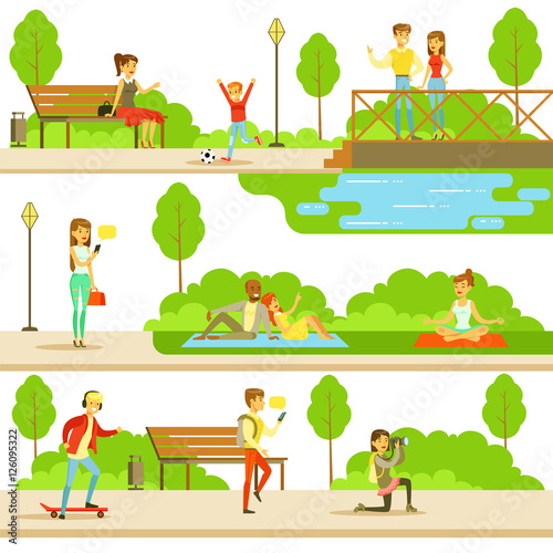 People Spending Time In Park In Summer Set Of Illustrations